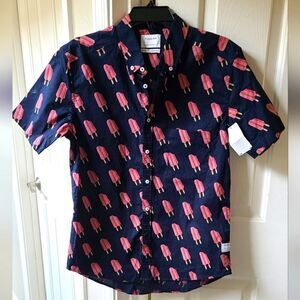 Public Art Shirt Navy Blue Popsicle Print Short Sleeve 100% Cotton NEW Small